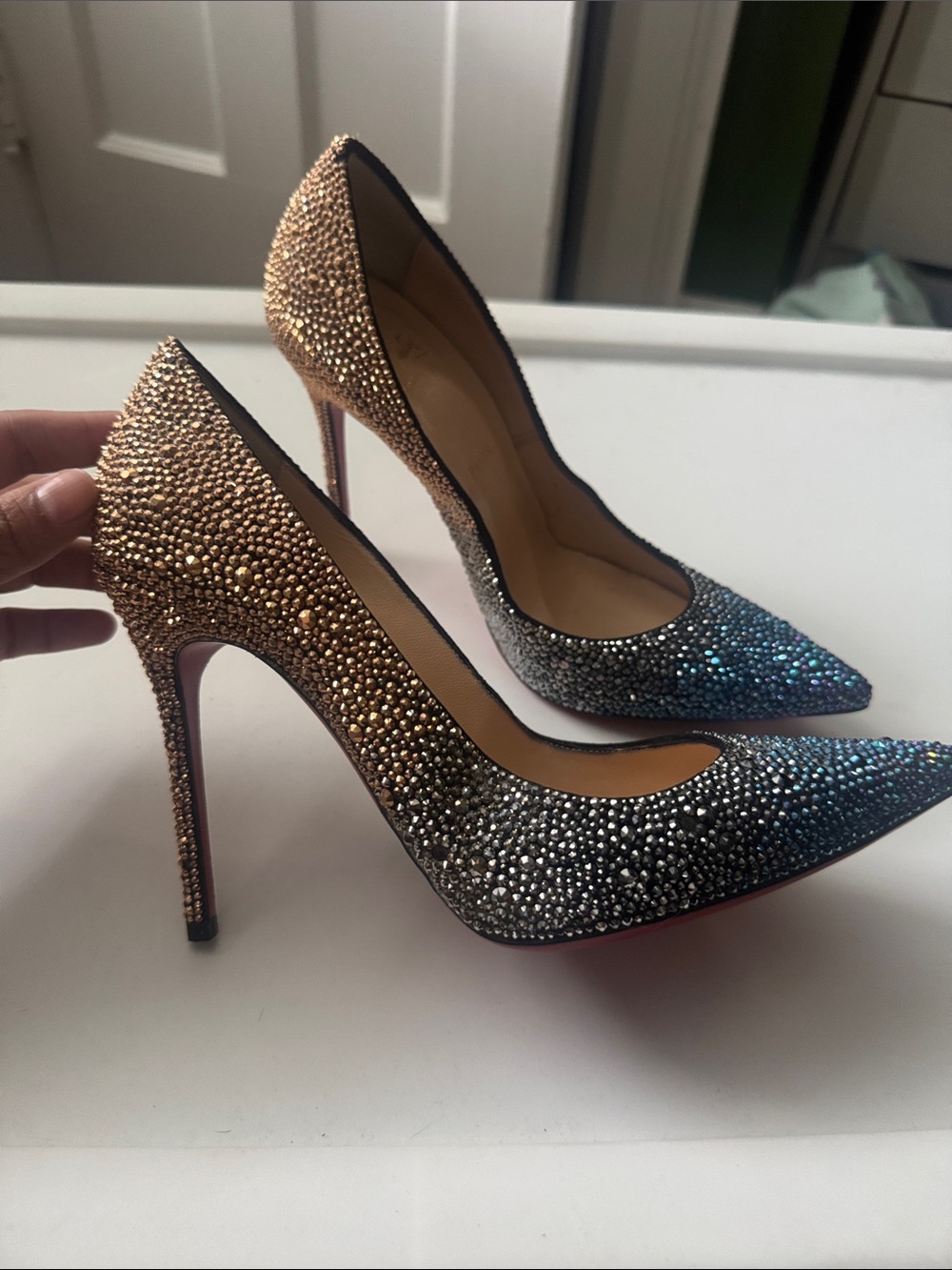 Christian Louboutin Ombre Crystal Pointed Toe Pumps in Gold and Black and blue